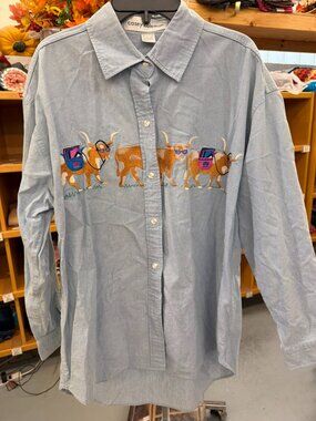 light blue denim/chambray embroidered button-down shirt by Casey Coleman